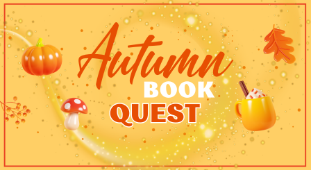 Autumn Book Quest title surrounded by pumpkins, colorful leaves, and mushrooms.